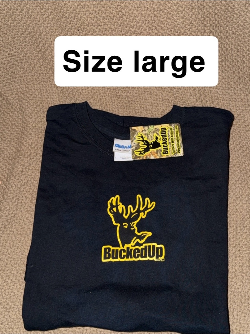 BuckedUp Black Short-Sleeve Tee size large with Yellow Logo